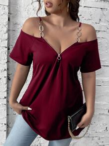 SHEIN Clasi 大码女式 V 领拉链领链装饰肩带短袖休闲/工作 T 恤