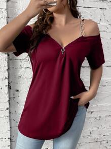 SHEIN Clasi 大码女式 V 领拉链领链装饰肩带短袖休闲/工作 T 恤