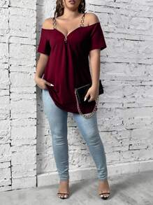 SHEIN Clasi 大码女式 V 领拉链领链装饰肩带短袖休闲/工作 T 恤