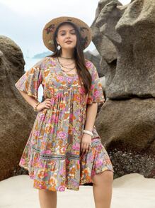 Plus Floral Print Butterfly Sleeve Ruffle Hem Dress - Multicolor - View 1