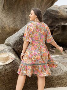 Plus Floral Print Butterfly Sleeve Ruffle Hem Dress - Multicolor - View 2