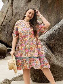 Plus Floral Print Butterfly Sleeve Ruffle Hem Dress - Multicolor - View 4