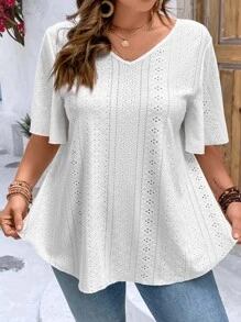 SHEIN LUNE Camiseta con bordado con ojal de manga mariposa - Blanco - Ver 1