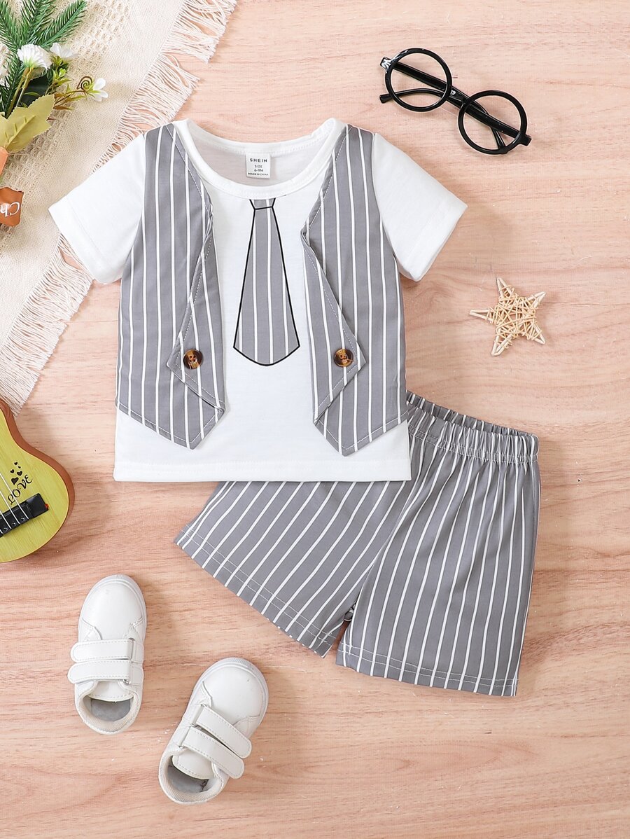 Baby Boy Striped Print Tie Print 2 In 1 Tee & Shorts - Multicolor - View 1