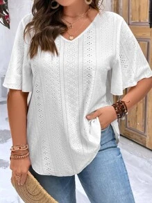 SHEIN LUNE Camiseta con bordado con ojal de manga mariposa - Blanco - Ver 3