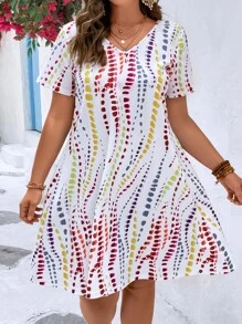 SHEIN LUNE Plus Size V-Neck Irregularly Dotted Print Casual Straight A-Line Mini Dress With Short Sleeves, Suitable For Leisure And Vacation - Multicolor - View 1