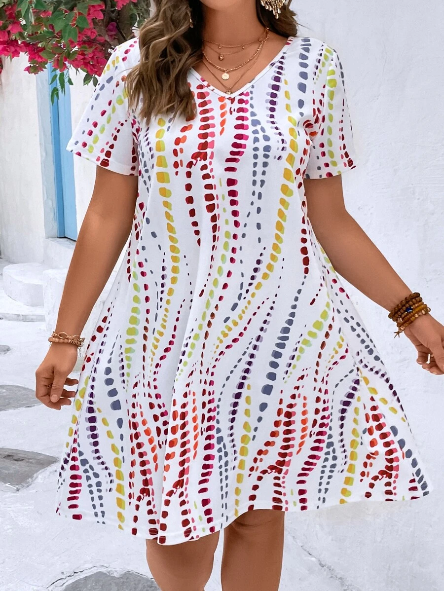 SHEIN LUNE Plus Size V-Neck Irregularly Dotted Print Casual Straight A-Line Mini Dress With Short Sleeves, Suitable For Leisure And Vacation - Multicolor - View 1