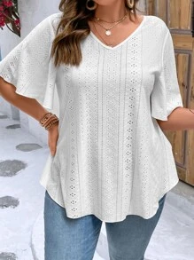 SHEIN LUNE Camiseta con bordado con ojal de manga mariposa - Blanco - Ver 4