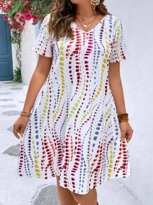 SHEIN LUNE Plus Size V-Neck Irregularly Dotted Print Casual Straight A-Line Mini Dress With Short Sleeves, Suitable For Leisure And Vacation - Multicolor - View 4
