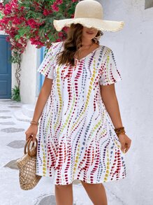 SHEIN LUNE Plus Size V-Neck Irregularly Dotted Print Casual Straight A-Line Mini Dress With Short Sleeves, Suitable For Leisure And Vacation - Multicolor - View 5