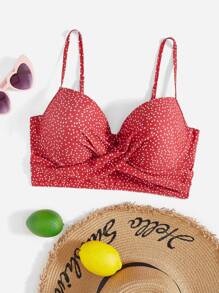 SHEIN Swim Curve Summer Plus Size Polka Dot Print Twist Push Up Bikini Top - Red - View 1