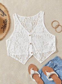 SHEIN Plus Button Front Lace Kimono - White - View 1