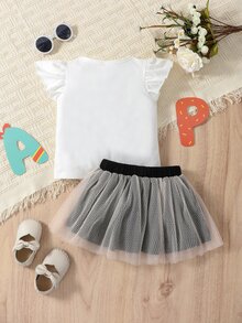 SHEIN Baby Letter Graphic Ruffle Trim Tee & Bow Front Mesh Overlay Skirt - Black and White - View 2
