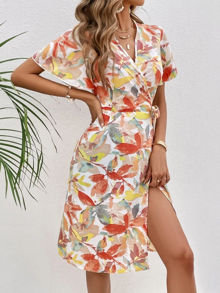 SHEIN VCAY Allover Leaves Print Knot Side Wrap Dress - Multicolor - View 4