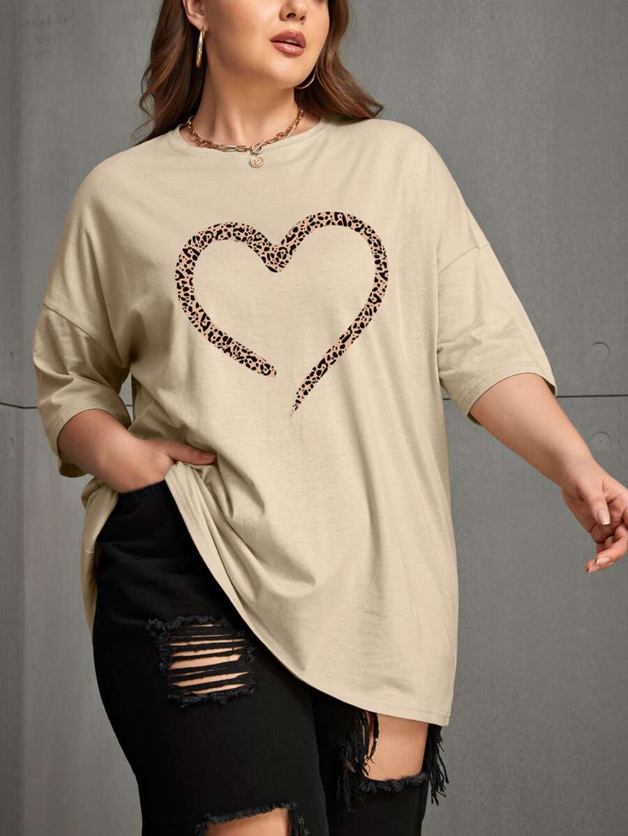 INAWLY Áo thun trễ vai họa tiết da báo và trái tim cho mùa hè - Màu Khaki - Xem 1