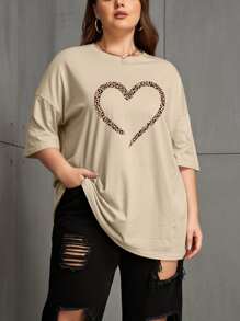 INAWLY Áo thun trễ vai họa tiết da báo và trái tim cho mùa hè - Màu Khaki - Xem 3