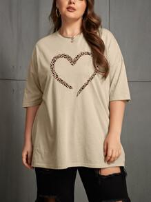 INAWLY Áo thun trễ vai họa tiết da báo và trái tim cho mùa hè - Màu Khaki - Xem 4