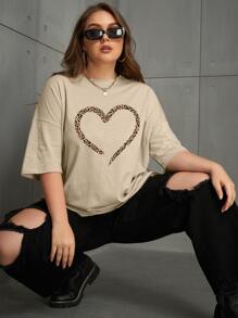 INAWLY Áo thun trễ vai họa tiết da báo và trái tim cho mùa hè - Màu Khaki - Xem 5