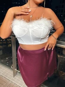 SHEIN SXY Plus Fuzzy Trim Bustier Crop Tube Top - White - View 1