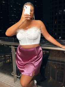 SHEIN SXY Plus Fuzzy Trim Bustier Crop Tube Top - White - View 3