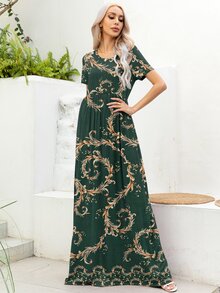 DEARCASE Baroque Print A-line Dress - Dark Green - View 3