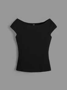 SHEIN BASICS Camiseta De Punto Acanalado De Manga Raglán Sólido - Negro - Ver 3