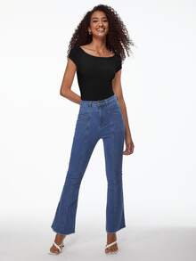 SHEIN BASICS Camiseta De Punto Acanalado De Manga Raglán Sólido - Negro - Ver 4