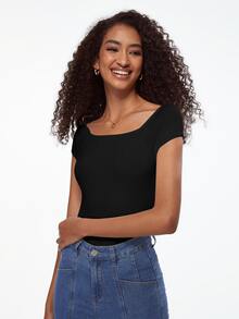 SHEIN BASICS Camiseta De Punto Acanalado De Manga Raglán Sólido - Negro - Ver 6