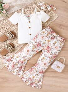 SHEIN 小女童挖肩前蝴蝶結T恤和印花喇叭褲 - 白色 - 查看 1