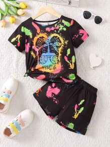 Young Girl Letter & Figure Graphic Tee & Shorts - Black - View 1