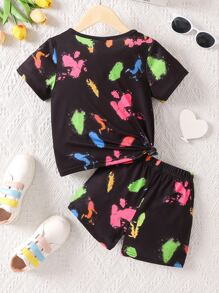 Young Girl Letter & Figure Graphic Tee & Shorts - Black - View 2