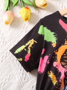 Young Girl Letter & Figure Graphic Tee & Shorts - Black - View 4