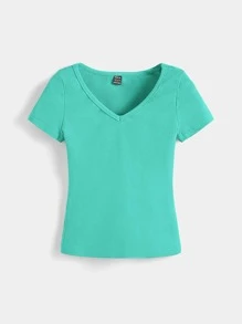 SHEIN BASICS Cổ chữ V Gân đan Áo phông trơn - Màu xanh bạc hà - Xem 3