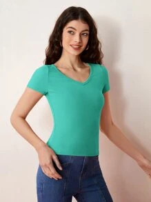SHEIN BASICS Cổ chữ V Gân đan Áo phông trơn - Màu xanh bạc hà - Xem 4