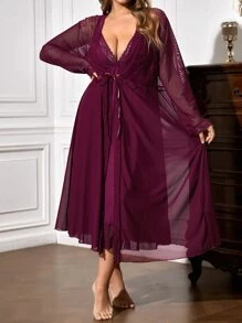 Trezura Plus Contrast Lace Ruffle Hem Robe & Cami Dress, Fall & Winter Clothes Cozy And Elegant Details