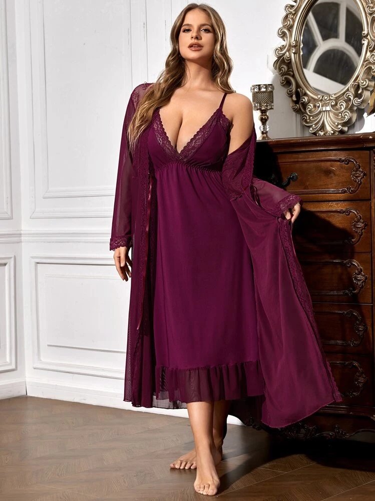 Trezura Plus Contrast Lace Ruffle Hem Robe & Cami Dress, Fall & Winter Clothes Cozy And Elegant Details - Maroon - View 5