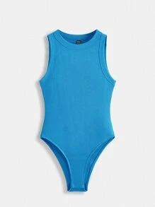 SHEIN BASICS Solid Round Neck Ribbed Knit Tank Bodysuit - Blue - View 8