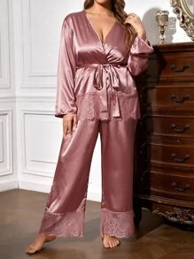 Bata panel con encaje de pestaña con cinturón de satén con pantalones - Rosa vieja - Ver 1