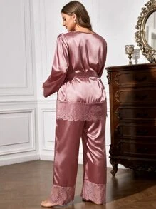 Bata panel con encaje de pestaña con cinturón de satén con pantalones - Rosa vieja - Ver 2