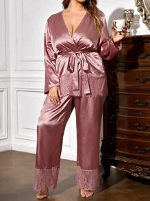 Bata panel con encaje de pestaña con cinturón de satén con pantalones - Rosa vieja - Ver 5