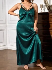 Plus Contrast Lace Satin Cami Pajama Nightdress, Long Dress - Dark Green - View 4
