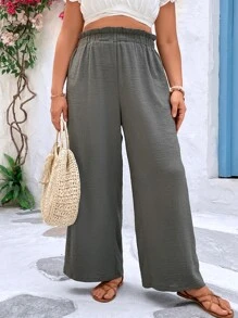 Plus Paperbag Waist Wide Leg Trousers - Grey - View 1