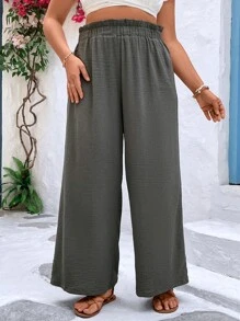 Plus Paperbag Waist Wide Leg Trousers - Grey - View 3