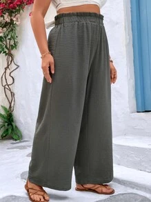 Plus Paperbag Waist Wide Leg Trousers - Grey - View 5