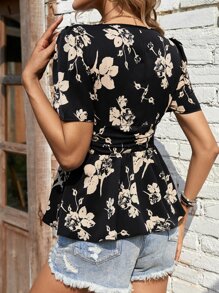 SHEIN LUNE Floral Print Puff Sleeve Peplum Blouse - Black - View 3
