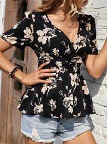 SHEIN LUNE Floral Print Puff Sleeve Peplum Blouse - Black - View 6