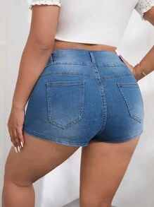 SHEIN Essnce Shorts en mezclilla bajo crudo desgarro - Azul lavado medio - Ver 2