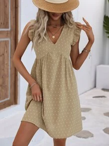 SHEIN VCAY Swiss Dot Ruffle Trim Smock Dress - Khaki - View 2