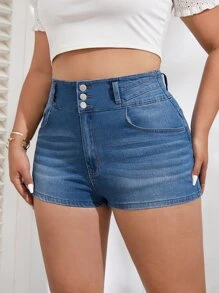 SHEIN Essnce Shorts en mezclilla bajo crudo desgarro - Azul lavado medio - Ver 3