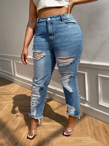 SHEIN SXY Plus Ripped Raw Hem Skinny Jeans - Light Wash - View 4